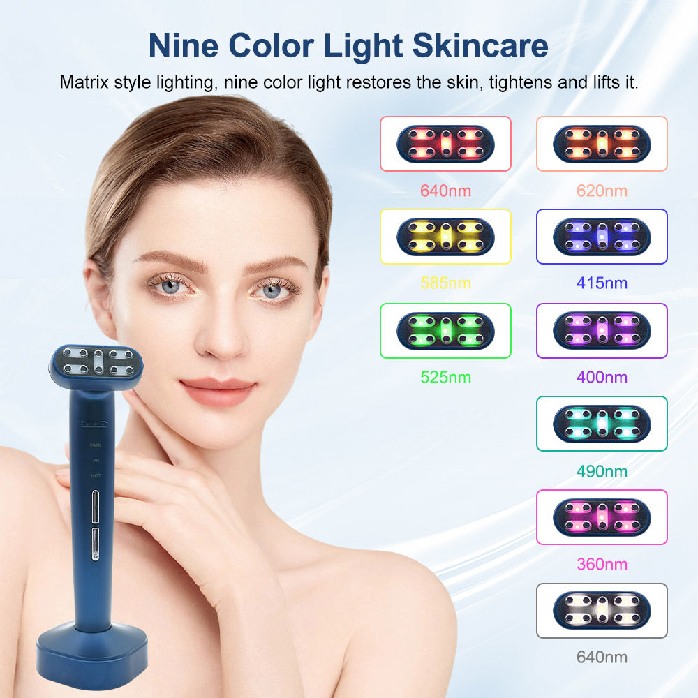 9-Color LED Light Therapy Microcurrent Facial Device - EMS & Vibration Beauty Wand with 180° Rotating Head for At-Home Skin Tightening & Anti-Aging
