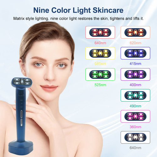 9-Color LED Light Therapy Microcurrent Facial Device - EMS & Vibration Beauty Wand with 180° Rotating Head for At-Home Skin Tightening & Anti-Aging